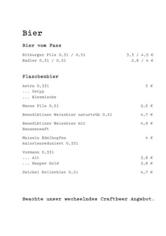 Getränkekarte Seite 1